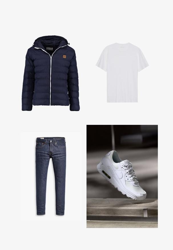 Marineblå pufferjakke med lynlås foran, hætte og horisontal quilted mønster. Inkluderer et lille tan logo patch på venstre bryst.; Hvid bomulds T-shirt med korte ærmer, rund hals og en glat tekstur. Har minimal branding på halsudskæringen.; Mørkeblå slim-fit Levi's Performance jeans med fem lommer og synlig syning på hvid baggrund.; Hvide Nike Air Max 90 sneakers med en overdel i mesh og læder, perforeret tåboks og en synlig luftenhed i hælen.
