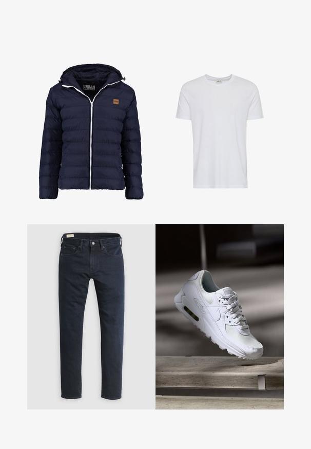 Veste rembourrée bleu marine avec fermeture éclair à l'avant, capuche et motif matelassé horizontal. Comprend un petit patch logo beige sur la poitrine gauche.; T-shirt blanc uni à manches courtes et col rond, présenté sur fond blanc, avec une petite étiquette au col indiquant la marque « Solid ».; Jean en denim bleu foncé avec une coupe droite, design à cinq poches, fermeture à boutons à l'avant et détails de couture minimaux.; Sneaker Nike Air Max 90 blanche avec une tige en mesh et cuir, une boîte à orteils perforée et une unité air visible au talon.