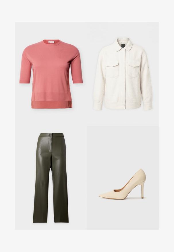 Veste blanche texturée avec col, manches longues, fermeture à boutons-pression et deux poches à rabat à l'avant.; Haut rose à manches courtes en maille avec un col rond et un ourlet côtelé, présentant un effet superposé avec un panneau de tissu plus long en dessous.; Pantalon droit taille haute en similicuir vert olive foncé avec bouton et fermeture éclair cachée à l'avant.; Escarpin en cuir beige à talon haut avec un bout pointu et un détail découpé sur le côté, possédant un talon stiletto fin pour le soutien.