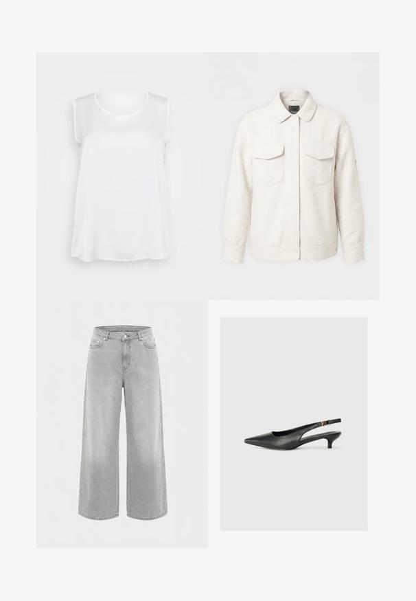 Witte textuurjas met een kraag, lange mouwen, drukknoopsluiting en twee klepzakken aan de voorkant.; Witte mouwloze top met een gladde textuur, v-hals en een ontspannen fit. Licht gebogen zoom en zijsplitten voor verbeterde bewegingsvrijheid.; Lichtgrijze jeans met wijde pijpen, voorzien van knopen en rits aan de voorkant, een ontwerp met vijf zakken en lussen voor een riem.; Zwarte puntschoen met slingback van soepel leer. Kenmerkt zich door een dunne hak en een gespdetail op de verstelbare band.