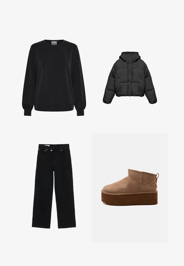 Veste d'hiver matelassée noire avec capuche, manches longues, poches avant et cordons sur la capuche, présentée sur fond blanc.; Sweatshirt noir à manches longues, col rond et poignets côtelés. Présente une texture lisse et un détail de logo subtil à l'avant.; Jean noir à taille haute et jambes larges, avec fermeture à boutons et fermeture éclair à l'avant, passants pour ceinture et cinq poches, sur fond blanc.; Bottine marron en daim de hauteur moyenne, style slip-on, avec une semelle épaisse compensée et un onglet à l’arrière sur fond clair.