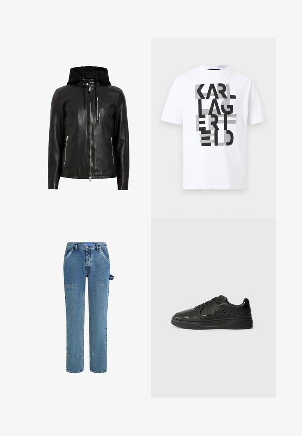Sort læderjakke med en aftagelig sort hætte, frontlynlås og to sidelommer med lynlås. Glat tekstur og tætsiddende design.; Hvid kortærmet t-shirt med fed sort tekst "KARL LAGERFELD" arrangeret vertikalt med vandrette stribede accenter på en ensfarvet baggrund.; Blå denimjeans med et lige ben-design, der har kontrastfyldte lapper, to forlommer og en synlig løkke-detalje på siden.; Sorte lavtop sneakers med teksturerede paneler, snørrebånd fortil, gummisål, og "KARL" branding på siden og hælflappen.