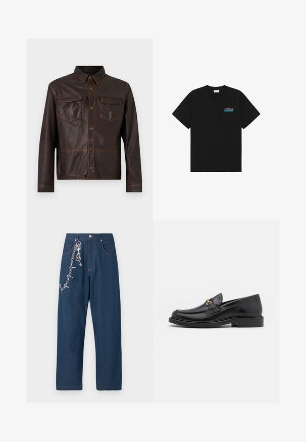 Donkere bruine leren jas met lange mouwen, drukknopen aan de voorkant, twee borstzakken met kleppen en een spitse kraag.; Zwarte T-shirt met korte mouwen en ronde hals met klein "prince" logo in roze en blauw op de linkerborst.; Donkerblauwe denim wide-leg jeans met een ketting met rhinestones aan de linkerkant, en zichtbare oranje stiksels op de zakken en de zoom.; Zwarte leren instappers met een ronde neus, voorzien van een gouden hardware accent en stikdetails, geplaatst op een lage, getextureerde rubberen zool.