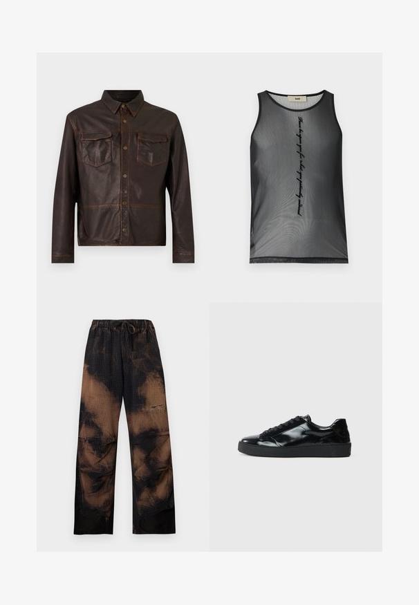 Veste en cuir marron foncé à manches longues, avec boutons-pression sur le devant, deux poches poitrine à rabat et un col pointu.; Débardeur noir en maille sans manches avec un texte cursif vertical au centre indiquant « Please be upon you for what's your positivity outward. »; Pantalon ample tie-dye noir et marron avec taille élastique et cordon, avec une texture gaufrée et jambes larges et droites.; Baskets en cuir verni noir avec un bout arrondi, un laçage, une semelle en caoutchouc texturé et une finition lisse.