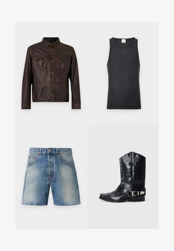 Veste en cuir marron foncé à manches longues, avec boutons-pression sur le devant, deux poches poitrine à rabat et un col pointu.; Débardeur noir sans manches en matériau léger, avec un col rond et une texture subtile, doté d'un détail d'ourlet contrasté.; Shorts en denim avec une teinte bleu clair, un design classique à cinq poches, des surpiqûres contrastantes et une coupe droite avec un ourlet effiloché.; Botte de cowboy en cuir noir avec un bout pointu, une tige haute, des coutures décoratives et une quincaillerie en argent sur la sangle. Fini texturé.
