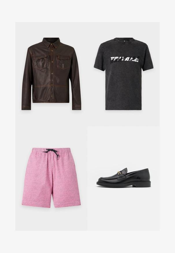 Veste en cuir marron foncé à manches longues, avec boutons-pression sur le devant, deux poches poitrine à rabat et un col pointu.; T-shirt en coton noir avec un col ras du cou, affichant un design graphique blanc audacieux et usé sur la poitrine. Manches courtes.; Shorts de bain roses à motifs avec une taille élastique et un cordon noir. Le matériau semble léger avec une surface texturée.; Mocassins en cuir noir avec un embout rond, présentant des accents en métal doré et des détails de couture, montés sur une semelle en caoutchouc texturé et basse.