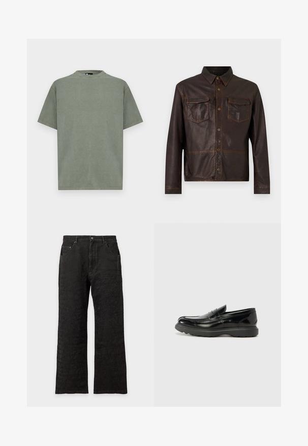 Veste en cuir marron foncé à manches longues, avec boutons-pression sur le devant, deux poches poitrine à rabat et un col pointu.; T-shirt en coton vert olive uni à manches courtes avec col rond, présenté sur un fond blanc.; Jean noir à coupe droite avec poches avant, fermeture par boutons et motif texturé subtil sur tout le tissu.; Mocassin en cuir noir avec une finition brillante, bout arrondi, détails de couture subtils et semelle en caoutchouc épaisse pour la durabilité.