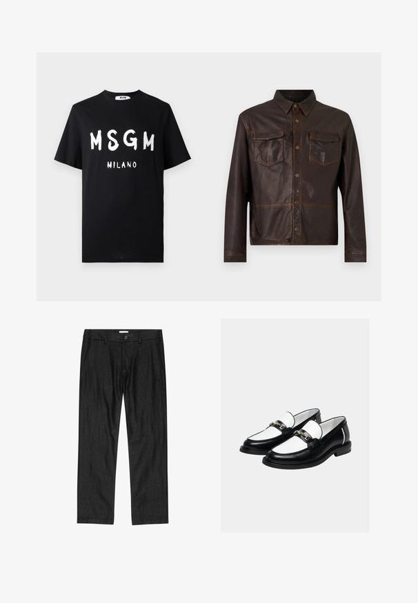 Veste en cuir marron foncé à manches longues, avec boutons-pression sur le devant, deux poches poitrine à rabat et un col pointu.; T-shirt en coton noir avec un texte blanc audacieux "MSGM MILANO". Manches courtes et col rond. Texture lisse avec une coupe décontractée.; Pantalon droit pour homme noir avec bouton à l'avant, braguette à glissière et poches latérales, présenté à plat sur fond blanc.; Paire de mocassins en cuir noir et blanc avec un détail de chaîne dorée sur le dessus, sur un fond clair uni.