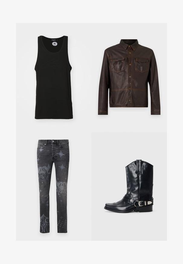 Chaqueta de cuero marrón oscuro con mangas largas, botones a presión en el frente, dos bolsillos con solapa en el pecho y un cuello pointedo.; Camiseta sin mangas negra hecha de algodón con escote redondo y detalle de logo en relieve en la parte frontal. Diseño limpio y minimalista.; Jeans negros ajustados con patrones celestiales y angelicales descoloridos, que incluyen estrellas, querubines y cruces, vista frontal, cierre de botones y cremallera.; Bota de vaquero de cuero negro con punta afilada, caña alta, costuras decorativas y herrajes de hebilla plateada en la correa. Acabado texturizado.
