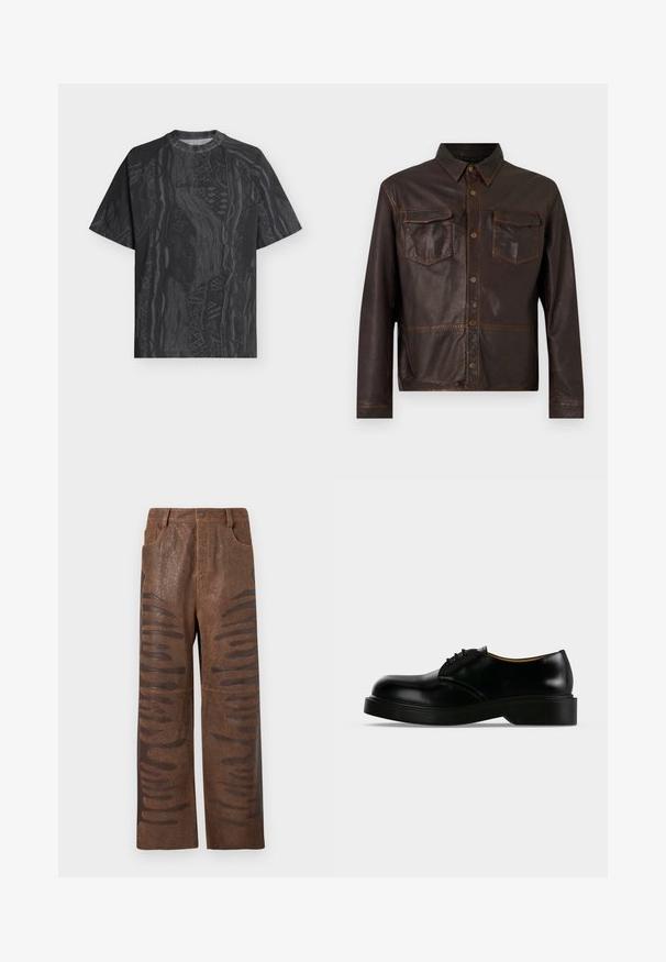 Veste en cuir marron foncé à manches longues, avec boutons-pression sur le devant, deux poches poitrine à rabat et un col pointu.; T-shirt noir à manches courtes avec col rond, motif abstrait gris foncé subtil et tissu texturé, présenté à plat sur un fond clair.; Pantalons en simili cuir marron avec une finition texturée, dotés de découpes horizontales allongées le long des côtés et d'un design à jambes droites.; Chaussure de ville noire en cuir poli à lacets, avec une semelle épaisse, un bout arrondi et un petit talon, montrée de profil sur un fond uni.