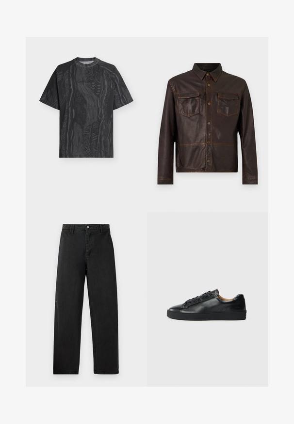 Veste en cuir marron foncé à manches longues, avec boutons-pression sur le devant, deux poches poitrine à rabat et un col pointu.; T-shirt noir à manches courtes avec col rond, motif abstrait gris foncé subtil et tissu texturé, présenté à plat sur un fond clair.; Pantalons en denim noir à coupe droite, avec une fermeture à bouton à l'avant et une couture discrète. Texture lisse et branding minimal.; Baskets en cuir noir avec une texture lisse, bout rond et fermeture à lacets. Comprend une semelle en caoutchouc épaisse et un minimum de détails de marque.