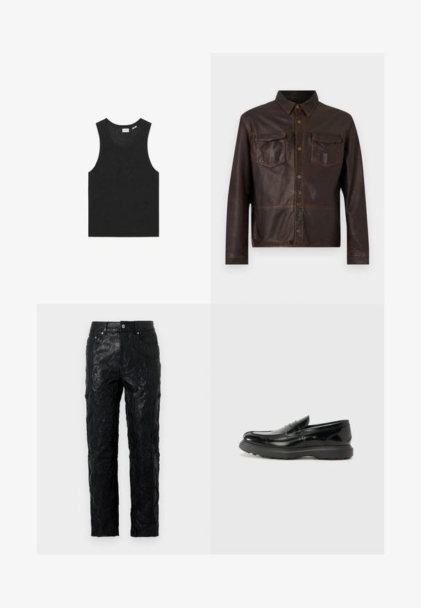 Chaqueta de cuero marrón oscuro con mangas largas, botones a presión en el frente, dos bolsillos con solapa en el pecho y un cuello pointedo.; Top negro sin mangas con un patrón texturizado y un cuello redondo. Fabricado con un material de punto ligero.; Pantalones de cuero negro con bolsillos frontales, trabillas para cinturón, cierre con botón y detalles de paneles cosidos en las piernas.; Mocasín de cuero negro con un acabado brillante, punta redondeada, detalles de costura sutiles y una suela de goma gruesa para mayor durabilidad.