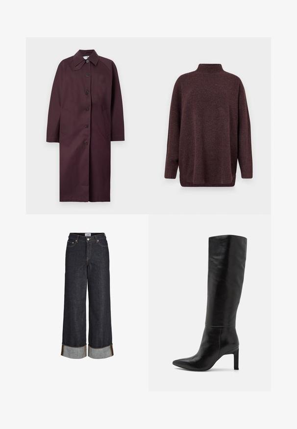 Tumeploomooniline pikk mantel kraega, viie esipuutoniga ja kahe küljetaskuga, valge taustaga.; Vero Moda Knitted VMPLAZA Knitted - Džemper - wine tasting; Tumed sinised laia säärega teksad, millel on mansetiga ääred, viis taskut ja kollase kontrastõmblus.; Sääre pikkused mustad nahast stilettokontsaga saapad terava ninaga ja siledat tekstuuri. Kontsad on plokkstiilis, mis lisab kujundusele stabiilsust.