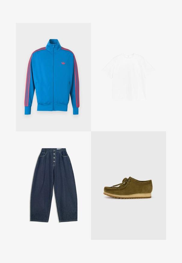 Blaue Sportjacke aus glattem Stoff. Mit roten Streifenakzenten entlang der Ärmel und einem kleinen Logo auf der Brust. Reißverschluss vorne.; T-Shirt mit kurzen Ärmeln und Rundhalsausschnitt aus unifarbenem weißen Baumwollstoff. Normale Passform mit schlichter Gestaltung und ohne sichtbare Muster oder Akzente.; Dunkelblaue Denim-Hose mit weiter Beinform und hoher Taille, fünfknöpfigem Verschluss und fünf Taschen. Mit Steppnähten an den Nähten.; Olivgrüner Wildlederschuh mit runder Zehenpartie, Schnürdesign und einer niedrigen, strukturierten Gummisohle. Minimale Nähte entlang des Randes.