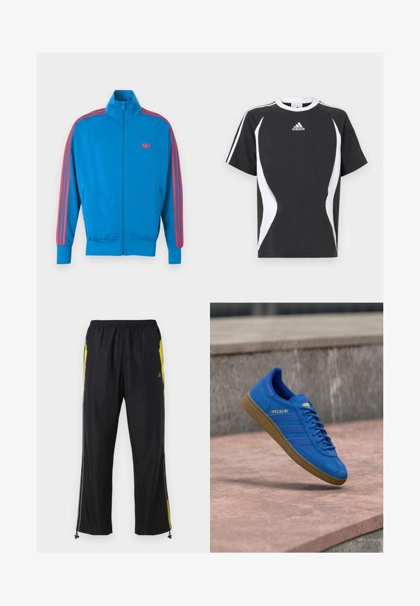 Veste de sport bleue en tissu lisse. Présente des bandes rouges le long des manches et un petit logo sur la poitrine. Fermeture à glissière sur le devant.; T-shirt noir à manches courtes avec des accents de design blancs et le logo Adidas sur la poitrine. Fabriqué en coton doux avec un col rond.; Pantalons de sport noirs avec des accents jaunes sur les côtés, taille élastique et poches latérales zippées. Fabriqués en tissu léger et lisse.; Baskets Adidas Spezial bleues avec semelle en gomme, lacets noués, suspendues au-dessus d'une surface lase en pierre près d'un mur en béton gris.