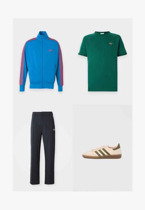 Blaue Sportjacke aus glattem Stoff. Mit roten Streifenakzenten entlang der Ärmel und einem kleinen Logo auf der Brust. Reißverschluss vorne.; Grünes Adidas-T-Shirt mit kurzen Ärmeln und Rundhalsausschnitt, goldenem Trefoil-Logo auf der Brust und weißen Streifen mit grünen Kanten entlang der Schultern.; Schwarze gerade geschnittene Hose mit elastischem Bund, Knopfverschluss, Nahtdetails und kleinem weißen Logo "the new originals" am linken Oberschenkel.; Flacher, beigefarbener Adidas Spezial Sneaker mit grünen Streifen, Gummisohle und "SPEZIAL" Schriftzug an der Seite, von der Außenseite gezeigt.