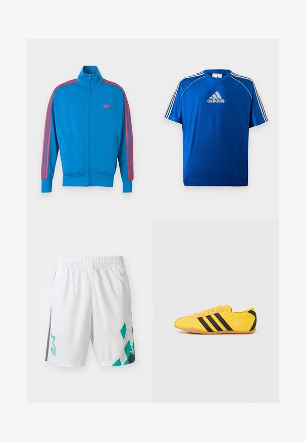 Sinise värviga spordijakk, mis on valmistatud siledast kangast. Varrukatel on punased triibud ning rinnal väike logo. Esiküljel lukuga sulgemine.; Sinine Adidas spordisärk valge logoga rinnal, valgete triipudega õlgadel ja neoonkollase ääristusega õmblustel.; Valged sportlikud lühikesed püksid elastse vöökohaga, millel on türkiissinine geomeetriline muster ja mustad aktsendid külgedel. Includes a large number "3."; Kollane sportlik jalanõu tekstuurse pealiskihiga, millel on mustad triibud ja logo. Ümar nina, pehme tallaosa ning materjalil siksakmuster.