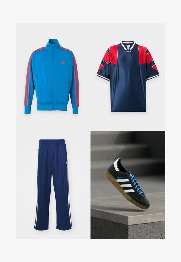 Sinise värviga spordijakk, mis on valmistatud siledast kangast. Varrukatel on punased triibud ning rinnal väike logo. Esiküljel lukuga sulgemine.; Tumesinine Adidas spordisärk punaste võrgust detailidega õlgadel ja varrukatel, valged triibulised krae ja varrukaäärised, rinnal logo.; Tumed sinised spordipüksid lõdva lõikega, valgete külgtriipudega ja elastse vöökoha ning sileda kangaga, ilma nähtavate mustrite või lisadega.; Must Adidas toss valgete triibu, siniste paelte ja kummist tallaga, hõljuv pehme valgusega halli betoonastme kohal.