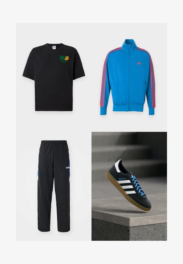 Zils sporta jaciņa no gludas auduma. Piedurkņu malās sarkani svītru akcenti un neliels logo uz krūtīm. Priekšpusē ar rāvējslēdzēja aizdari.; Melna kokvilnas t-kreklu ar īsām piedurknēm. Priekšpusē ir zaļa un dzeltena "Worldwide Hoops" grafika. Brīvs piegriezums, noapaļots kakla izgriezums.; Melni sporta bikses ar elastīgu jostasvietu, kurām sānos ir zilas un baltas grafikas akcenti, un izšūts logo.; Melni Adidas sporta apavi ar baltām svītrām, zilām auklām un gumijas zolīti, kas peld virs pelēka betona pakāpiena maigā gaismā.