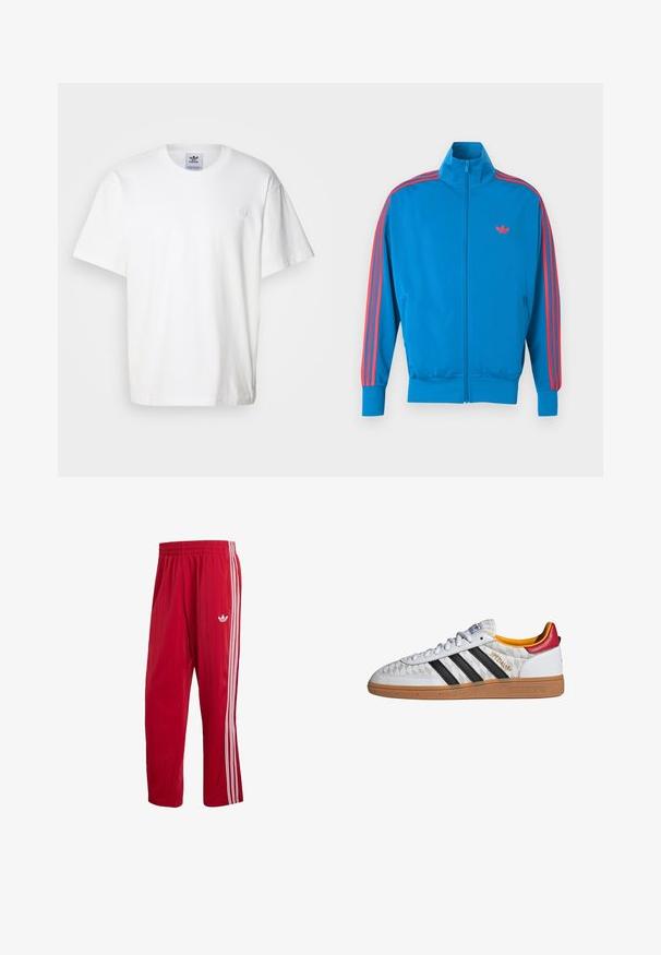 Blaue Sportjacke aus glattem Stoff. Mit roten Streifenakzenten entlang der Ärmel und einem kleinen Logo auf der Brust. Reißverschluss vorne.; Weißes Baumwoll-T-Shirt mit Rundhalsausschnitt und kurzen Ärmeln. Verfügt über ein kleines, gesticktes Logo auf der Brust. Einfaches und klassisches Design.; Rote Adidas Trainingshose mit elastischem Bund, weißen Seitenstreifen und Trefoil-Logo am rechten Oberschenkel vor weißem Hintergrund.; Weißer Adidas Spezial Sneaker mit schwarzen Streifen, Gummisohle, gestepptem Muster, rotem Fersenlaschen und gelber Innenausstattung, Seitenansicht.