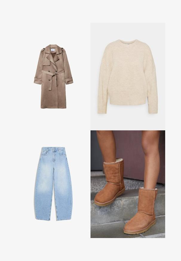 Manteau trench en suédine beige avec col, devant croisé, poches latérales et ceinture nouée à la taille. Comprend des épaulettes.; Pull en maille beige avec une coupe décontractée, texture côtelée, col rond et manches longues. Détails de couture aux épaules et à l'ourlet.; Jean denim bleu clair taille haute à jambes larges, avec poches avant, passants pour ceinture, fermeture par bouton et zip, sur fond blanc.; Bottines en suede marron, à bout rond, avec une doublure douce et une semelle en caoutchouc, présentant des détails de couture visibles le long des coutures.
