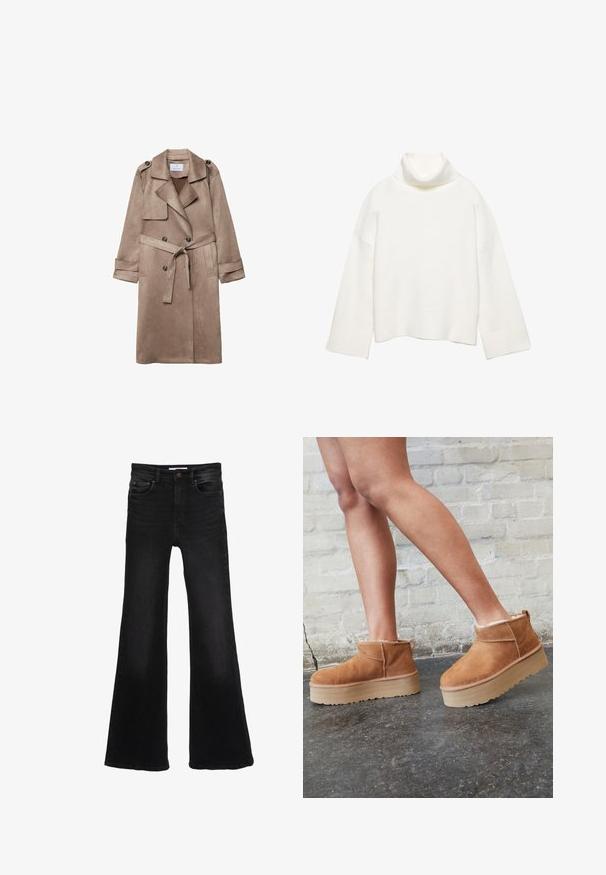 Manteau trench en suédine beige avec col, devant croisé, poches latérales et ceinture nouée à la taille. Comprend des épaulettes.; Pull à col roulé blanc en tissu doux, présentant une coupe décontractée, des épaules tombantes et des poignets et un ourlet larges côtelés.; Jean en denim noir taille haute avec jambes évasées larges, bouton à l'avant, fermeture éclair, et style cinq poches.; Bottines en suède marron avec une doublure en peluche, semelle épaisse en beige et une poignée à l'arrière. Surface texturée avec des détails de couture visibles.