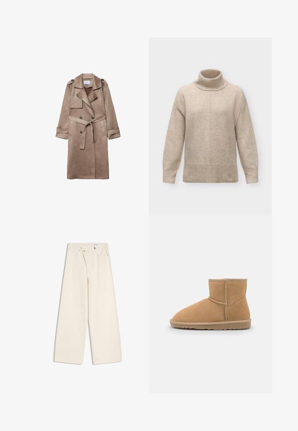Beige faux suede trench coat med krave, dobbeltknap lukning, sidelommer og en bundet taljebælte. Har skulderepauleter.; Beige uld rullekrave trøje med lange ærmer, ribstrikkede manchetter og kant samt en central søm, der løber lodret ned foran.; Off-white bukser med vidde i benene, foranlommer, bærestropper og sølvknapper på linningen og lommekanter.; Brun ruskinds ankelstøvle med rund tå og polstret krave, der har kontrastsyninger og en tekstureret gummisål.