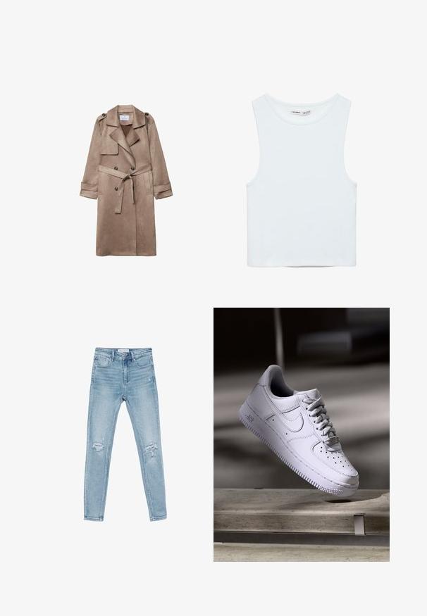 Beige faux suede trench coat med krave, dobbeltknap lukning, sidelommer og en bundet taljebælte. Har skulderepauleter.; Hvid ærmeløs crop top med rund halsudskæring, lavet af glat stof, mærket Pull&Bear, egnet til afslappet brug.; Lysblå denim skinny jeans med høj talje, der har slidte knædetaljer og et klassisk fem-lomme design.; Hvid Nike Air Force 1 sneaker svævende over en betonoverflade med skygger i et minimalistisk miljø.