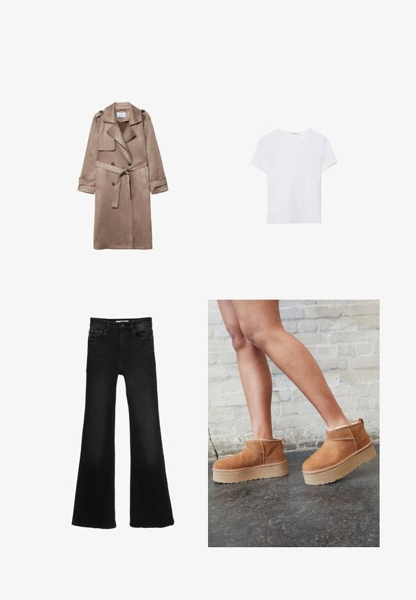 Manteau trench en suédine beige avec col, devant croisé, poches latérales et ceinture nouée à la taille. Comprend des épaulettes.; T-shirt blanc à manches courtes en tissu doux. Dispose d'un col rond et d'un design simple et épuré avec un ourlet droit.; Jean en denim noir taille haute avec jambes évasées larges, bouton à l'avant, fermeture éclair, et style cinq poches.; Bottines en suède marron avec une doublure en peluche, semelle épaisse en beige et une poignée à l'arrière. Surface texturée avec des détails de couture visibles.