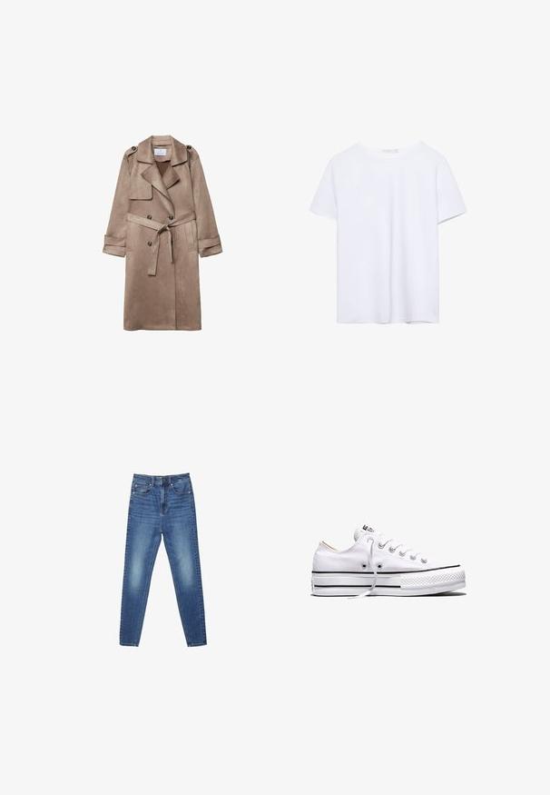 Beige Kunstleder-Trenchcoat mit Kragen, doppelt geknöpften Front, seitlichen Taschen und einem gebundenen Taillengürtel. Mit Schulterepauletten.; Ein einfarbiges weißes T-Shirt mit kurzen Ärmeln und Rundhalsausschnitt, mit geradem Saum, auf einem weißen Hintergrund präsentiert.; Blaue, hoch taillierte, schmal geschnittene Jeans aus Denim mit Taschen vorne und hinten, Knopfverschluss sowie dezenten Verwaschungen an Oberschenkeln und Knien.; Weißer Canvas-Sneaker in niedriger Ausführung mit weißen Schnürsenkeln, schwarzen Streifen an der Sohle und gummiertem, strukturiertem Zehenschutz, Seitenansicht vor weißem Hintergrund.