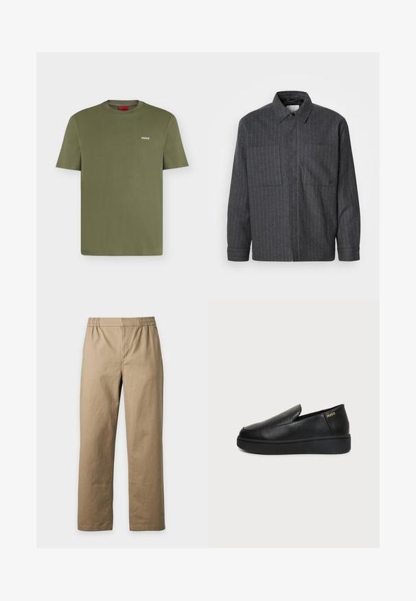 Chemise boutonnée gris foncé en tissu texturé avec des rayures verticales blanches, deux poches avant et un col classique.; T-shirt en coton vert olive à manches courtes, col rond et petit logo blanc "HUGO" sur la poitrine gauche.; Pantalon beige à taille élastique et jambes droites en tissu uni, présenté sur un fond gris clair.; Chaussure noire en cuir à enfiler avec semelle épaisse et petits trous de ventilation latéraux, avec un logo doré "HUGO" près du talon.
