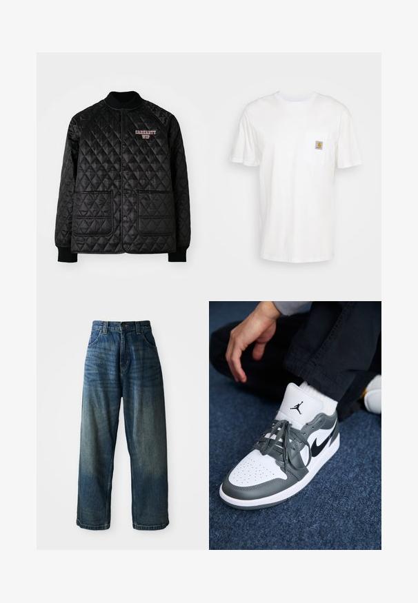 Čierna prešívaná bunda s rebrovaným golierom a manžetami, ktorá má zapínanie na patentky a dve predné vrecká. Vyšívané logo "Carhartt WIP" v červenej farbe.; Biele bavlnené tričko s krátkymi rukávmi, vreckom na hrudi a malou štvorcovou nášivkou v oranžovej a bielej farbe na vrecku.; Džínsové nohavice s širokými nohavicami v modrej farbe so zosvetleným povrchom. Obsahujú päť vreciek, zapínanie na gombík a kontrastné prešívanie. Tkanina je ťažká.; Tenisky Nike Air Jordan 1 v bielom a šedom koži, s čiernym logom, perforovanou špičkou a plochými šedými šnúrkami.