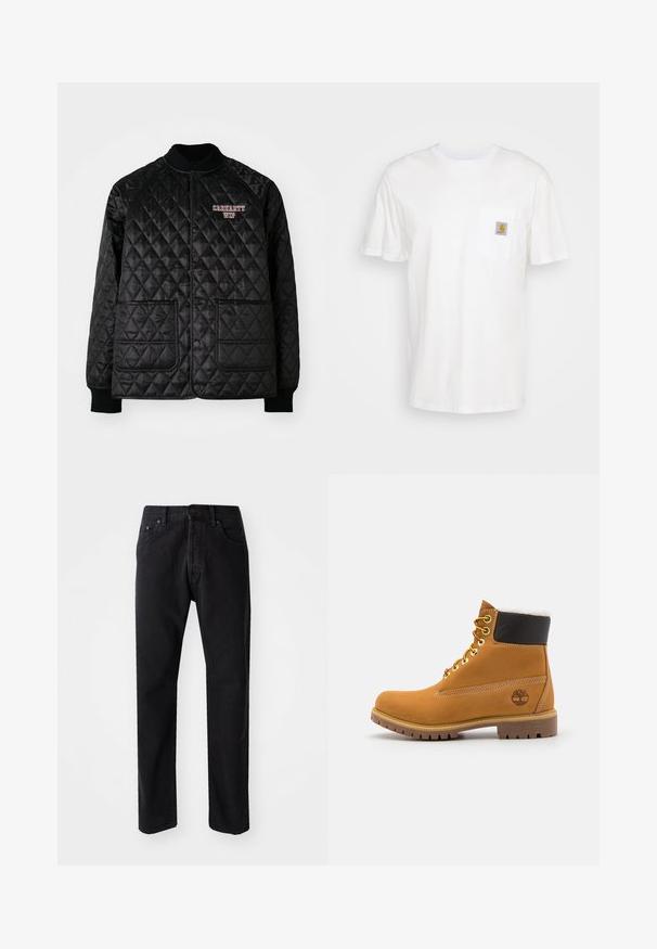 Veste matelassée noire avec col et poignets côtelés, dotée de boutons-pression et de deux poches avant. Logo "Carhartt WIP" brodé en rouge.; T-shirt en coton blanc à manches courtes, avec une poche poitrine et un petit patch logo carré en orange et blanc sur la poche.; Jeans en denim noir coupe droite, avec cinq poches et une fermeture à bouton. Présente des coutures visibles et un tissu doux et texturé.; Bottine en cuir brun avec œillets en métal, doublure en fourrure blanche, col rembourré noir, semelle robuste et logo en relief sur le côté.