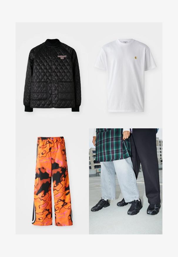 Mustaharjattu musta takki, jossa on uritettu kaulus ja hihansuut, varustettuna nepparilla ja kahdella etutaskulla. "Carhartt WIP" -logo brodeerattu punaisena.; Valkoinen puuvillapaita lyhyillä hihoilla, pyöreä kaula-aukko, jossa on pieni kultainen logo vasemmassa rintapielessä. Pehmeä kangas ja normaali istuvuus.; Valer-pööröi bodevit, joissa on elävä oranssi, musta ja vaaleanpunainen abstrakti pyörremalli, joustava vyötärö, sivupanelit ja nappikiinnitys.; Mustat urheilukengät, joissa on verkko- ja kumikoristeita. Yhdistetty vaaleanharmaiden leveiden farkkujen ja ruudullisen vihreän paidan kanssa. Tasainen tausta.