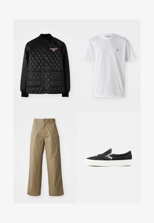 Schwarze gesteppte Jacke mit geripptem Kragen und Bündchen, ausgestattet mit Druckknöpfen und zwei Vordertaschen. "Carhartt WIP" Logo in Rot eingestickt.; Weißes Baumwoll-T-Shirt mit kurzen Ärmeln, Rundhalsausschnitt, mit einem kleinen goldenen Logo im linken Brustbereich. Weicher Stoff und normale Passform.; Khakifarbene weit geschnittene Hosen aus Baumwollmischgewebe, mit einem einzelnen Knopfverschluss und sichtbaren Seitentaschen. Glatte Textur, Faltendetails.; Schwarzer Vans Slip-On-Sneaker mit weißer Gummisohle, weißen Nähten und elastischen Seiteneinsätzen, Ansicht von der Außenseite.