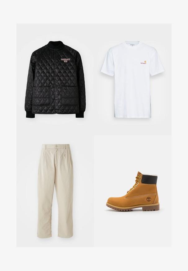 Sort quiltet jakke med ribbet krave og manchetter, der har trykknapper og to forlommer. "Carhartt WIP" logo broderet i rød.; Hvid bomulds t-shirt med korte ærmer. Designet med et lille orange og maroon logo på venstre bryst. Har en klassisk rund hals.; Beige, lette bukser med en afslappet pasform, indsyede folder foran, knaplukning og opbrettede kanter. Glat tekstur, minimalistisk design.; Brune læder ankelstøvle med metaløjer, hvid pelsforing, sort polstret krave, robust sål og præget logo på siden.