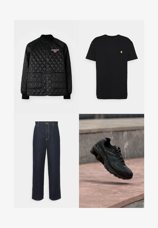 Sort quiltet jakke med ribbet krave og manchetter, der har trykknapper og to forlommer. "Carhartt WIP" logo broderet i rød.; Sort bomulds t-shirt med korte ærmer, rund halsudskæring og et lille gult logo på venstre brystområde. Enkel design og almindelig pasform.; Bredde ben mørke denim jeans med gul syning, der har en frontlukning med knap og sidelommer. Glat tekstur og traditionelt design.; Sort atletisk sneaker med synligt luftdæmpende mellemsål, der svæver over en pink stenoverflade med en grå stenvæg i baggrunden.