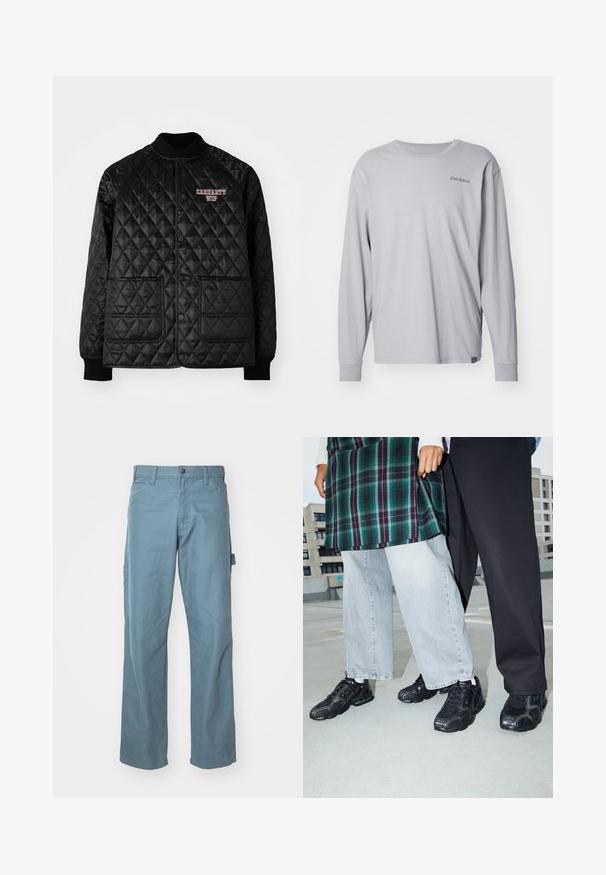 Chaqueta acolchada negra con cuello y puños acanalados, con botones a presión y dos bolsillos en la parte delantera. Logo "Carhartt WIP" bordado en rojo.; Dickies PLENTYWOOD TEE - Camiseta de manga larga - ultimate gray; Pantalones cargo de algodón en azul claro con un diseño de pierna recta, dos bolsillos laterales y un lazo en la cintura para mayor utilidad.; Zapatillas deportivas negras con acentos de malla y goma. Combinadas con jeans de pierna ancha de color gris claro y una blusa de cuadros verdes. Fondo de superficie plana.