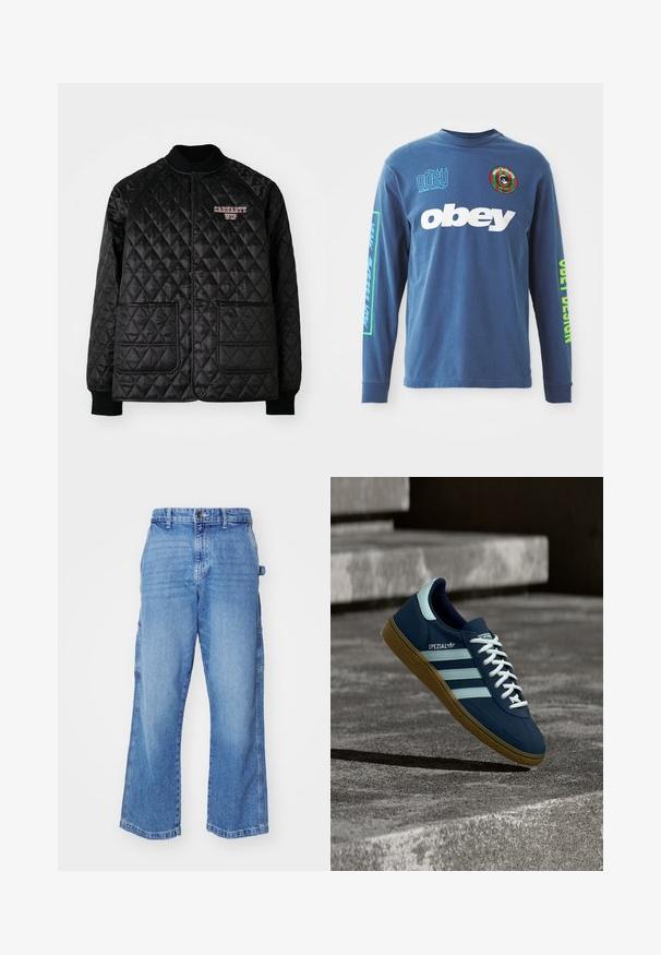 Veste matelassée noire avec col et poignets côtelés, dotée de boutons-pression et de deux poches avant. Logo "Carhartt WIP" brodé en rouge.; T-shirt à manches longues bleu en coton. L'avant présente un grand texte "obey" en blanc, un emblème graphique sur la poitrine gauche et un texte coloré sur les manches.; Pantalons cargo en denim bleu clair avec une coupe décontractée, plusieurs poches latérales et un design à jambes larges. Dotés d'une fermeture à bouton et à zipper.; Baskets Adidas Spezial bleues avec des rayures et des lacets blancs, semelle en gomme, flottant au-dessus d'une surface en béton rugueuse et des marches en arrière-plan.