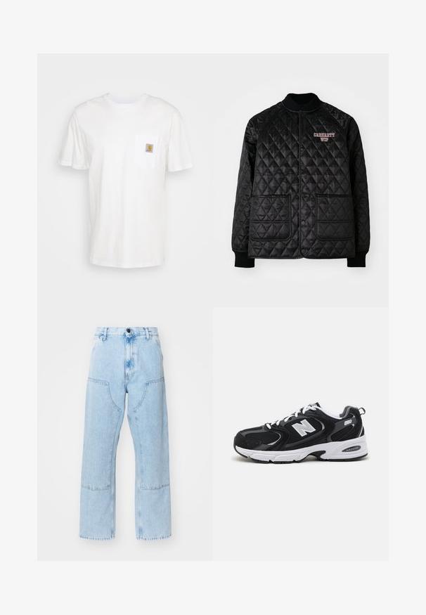 Schwarze gesteppte Jacke mit geripptem Kragen und Bündchen, ausgestattet mit Druckknöpfen und zwei Vordertaschen. "Carhartt WIP" Logo in Rot eingestickt.; Weißes Baumwoll-T-Shirt mit kurzen Ärmeln, einer Brusttasche und einem kleinen quadratischen Logopatch in Orange und Weiß auf der Tasche.; Hellblaue, gerade geschnittene Jeans mit großen Fronttaschen und kontrastierenden Nähten. Der Stoff hat eine ausgewaschene, weiche Textur.; Schwarze und graue Sportschuhe mit Obermaterial aus Mesh und Wildleder, ausgestattet mit einer weißen Zwischensohle, Schnürsenkeln und einem markanten "N"-Logo an der Seite.
