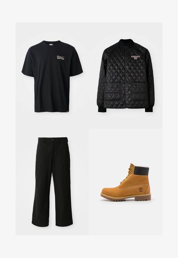 Sort quiltet jakke med ribbet krave og manchetter, der har trykknapper og to forlommer. "Carhartt WIP" logo broderet i rød.; Sort bomulds t-shirt med korte ærmer. Udstyret med et broderet logo "Dickies Donut House" på venstre brystområde. Klassisk crew neck-design.; Sorte vide benbukser lavet af blødt stof, med frontlommer og en knaplukning i taljen. Minimalistisk design uden synlige mønstre.; Brune læder ankelstøvle med metaløjer, hvid pelsforing, sort polstret krave, robust sål og præget logo på siden.