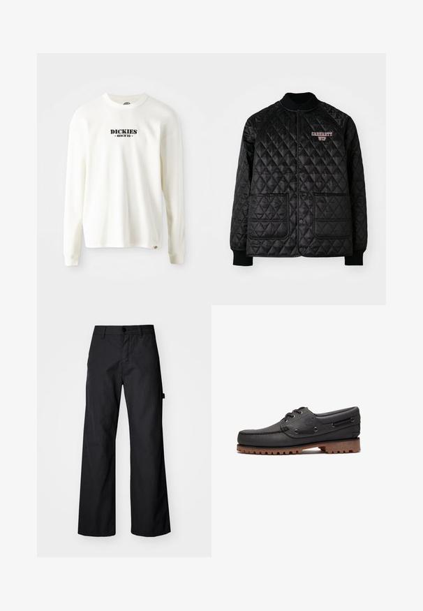 Zwarte gewatteerde jas met ribgebreide kraag en manchetten, voorzien van drukknoopsluitingen en twee voorzakken. "Carhartt WIP" logo geborduurd in het rood.; Witte lange mouw geribbelde sweatshirt met een zwart logo "DICKIES" en "SINCE '22" eronder, ronde hals en manchetten.; Zwarte, wijde broek gemaakt van duurzaam materiaal. Voorzien van een knoopsluiting en zijzakken. Glad textuur met een strakke uitstraling.; Zwart leren bootschoen met veters, ronde neus, gestructureerde bruine rubberen zool en gestikte leren zijkanten.