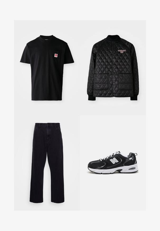 Sort quiltet jakke med ribbet krave og manchetter, der har trykknapper og to forlommer. "Carhartt WIP" logo broderet i rød.; Sort bomulds t-shirt med rund halsudskæring, korte ærmer og en venstre brystlomme med et rødt hjertepude og hvid tekst.; Sorte denimbukser med lige ben, der har en knap- og lynlåslukning, bæltestropper og minimale syninger.; Sorte og grå sportssko med mesh og ruskind på overdelen, der har en hvid mellemsål, snørebånd og et iøjnefaldende "N" logo på siden.