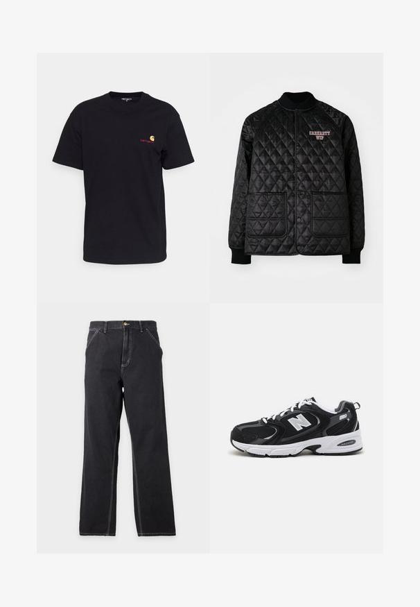 Veste matelassée noire avec col et poignets côtelés, dotée de boutons-pression et de deux poches avant. Logo "Carhartt WIP" brodé en rouge.; T-shirt en coton noir à manches courtes, col rond, avec un petit logo coloré sur la poitrine gauche. Coupe classique avec une texture lisse.; Jean noir à coupe droite avec poches avant, passants de ceinture et coutures blanches visibles sur un fond gris clair uni.; Baskets de sport noires et grises avec un tige en mesh et en suède, présentant une semelle intermédiaire blanche, des lacets et un logo "N" audacieux sur le côté.