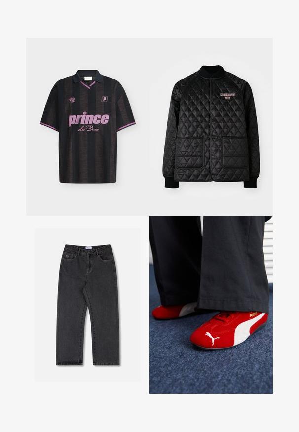 Veste matelassée noire avec col et poignets côtelés, dotée de boutons-pression et de deux poches avant. Logo "Carhartt WIP" brodé en rouge.; Polo à manches courtes rayé noir et gris foncé avec texte et logos ""prince Les Deux"" roses sur le devant, bordure rose aux manches et au col.; Jean en denim noir avec une coupe droite, cinq poches, des détails de couture subtils et un petit logo sur la poche avant.; Baskets en suède rouge avec des accents blancs, dotées d'un matériau texturé, d'une pointe arrondie et d'un logo doré sur le côté, portées avec un pantalon noir.