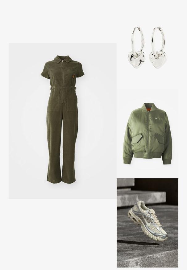 Olivengrøn bomberjakke med ribbet krave og manchetter, lynlås-lukning, to frontlommer og en sidelomme med lynlås. Har Nike-logo i hvid.; Olivengrøn kordfløjl jumpsuit med lynlås foran, korte ærmer, to brystlommer og justerbare sidebånd. Bukser med flared ben.; Beige og sølv Nike løbesko med mesh og snøredetaljer, svævende over betontrin.; Sølv øreringe med en glat, rundet hjertevedhæng, der hænger fra hver hoop mod en hvid baggrund.