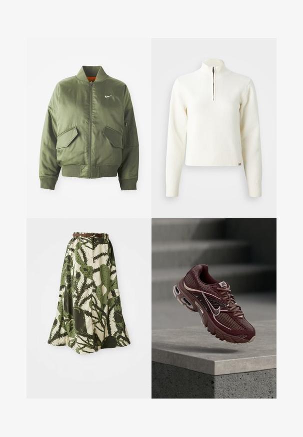 Olive rohelise värvi bomber-jakk ribidega krae ja varrukate, tõmbluku sulgemise, kahe ees oleva tasku ja ühe küljetaskuga. Omab valget Nike logo.; Valge, tõmbluku kaelusega soe sviiter pika varrukaga. Valmistatud pehmest kudumist, millel on soonikkoes mansetid ja alläär. Diskreetne brändi logo allääres.; Pikk seelik, millel on kaktuse print roheline ja kreemi tooni, kitsendatud vöökoht ning pruun vöö kinnitamiseks.; Pruunikas-punane Nike jooksujalanõu võrgukangaga, polsterdatud krae, paks tald ja valged aktsendid. Disainis on ümar nina ja silmatorkavad paelad.