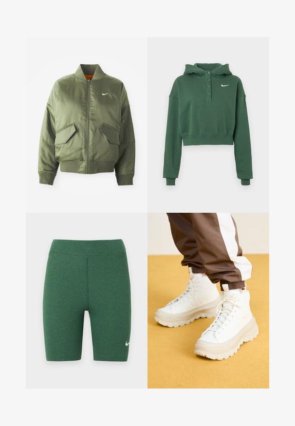 Olivengrøn bomberjakke med ribbet krave og manchetter, lynlås-lukning, to frontlommer og en sidelomme med lynlås. Har Nike-logo i hvid.; Grøn cropped hættetrøje lavet af blødt stof, med knappet krave, lange ærmer, ribstrikkede manchetter og en hvid Nike-logo på brystet.; Grønne atletikshorts lavet af stretchstof. Højtaljet design med flade syninger og en hvid Nike-logo på nederste venstre ben.; Hvide højtop sneakers med en kraftig, tekstureret sål, der har en glat overdel, rund tå og tonede snørebånd, placeret mod en gul baggrund.