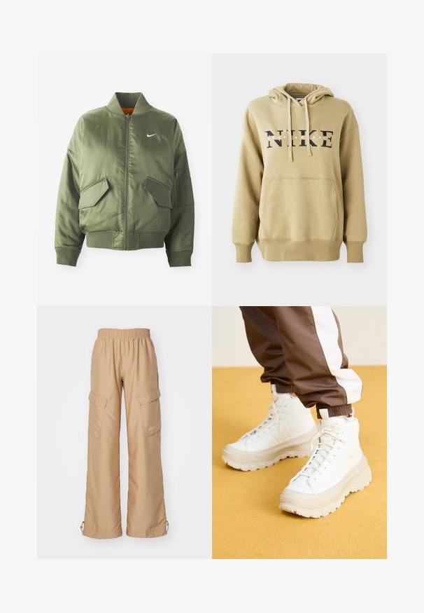 Olivengrøn bomberjakke med ribbet krave og manchetter, lynlås-lukning, to frontlommer og en sidelomme med lynlås. Har Nike-logo i hvid.; Beige hoodie lavet af en bomuldsblanding, med en kengurulomme, ribbede manchetter og et stort sort "NIKE" logo med hvide detaljer.; Nike Sportswear TREND - Cargobukser - hemp; Hvide højtop sneakers med en kraftig, tekstureret sål, der har en glat overdel, rund tå og tonede snørebånd, placeret mod en gul baggrund.