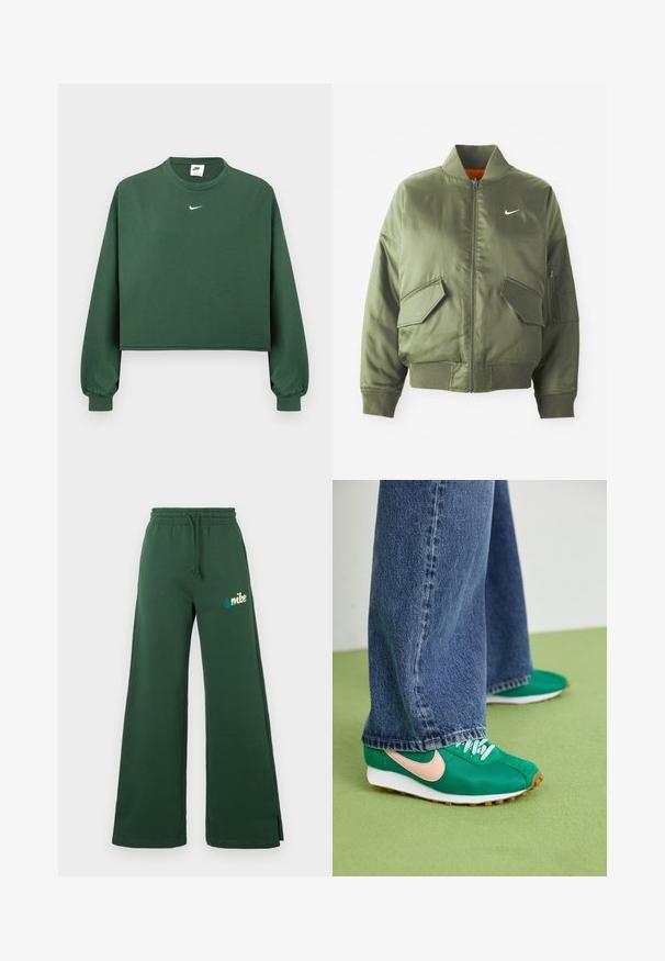 Olivengrøn bomberjakke med ribbet krave og manchetter, lynlås-lukning, to frontlommer og en sidelomme med lynlås. Har Nike-logo i hvid.; Kort grøn sweatshirt lavet af bomuld med rund hals og elastiske ærmekanter, med et lille hvidt Nike-logo på brystet.; Mørkegrønne brede sweatpants med elastisk talje, snøre, sidelommer og en teal broderet Nike-logo på venstre lår.; Grønne atletiske sko med pink swoosh, snørebånd-design, tekstureret stof og hvide gummisåler. Kombineret med brede blå denimbukser.